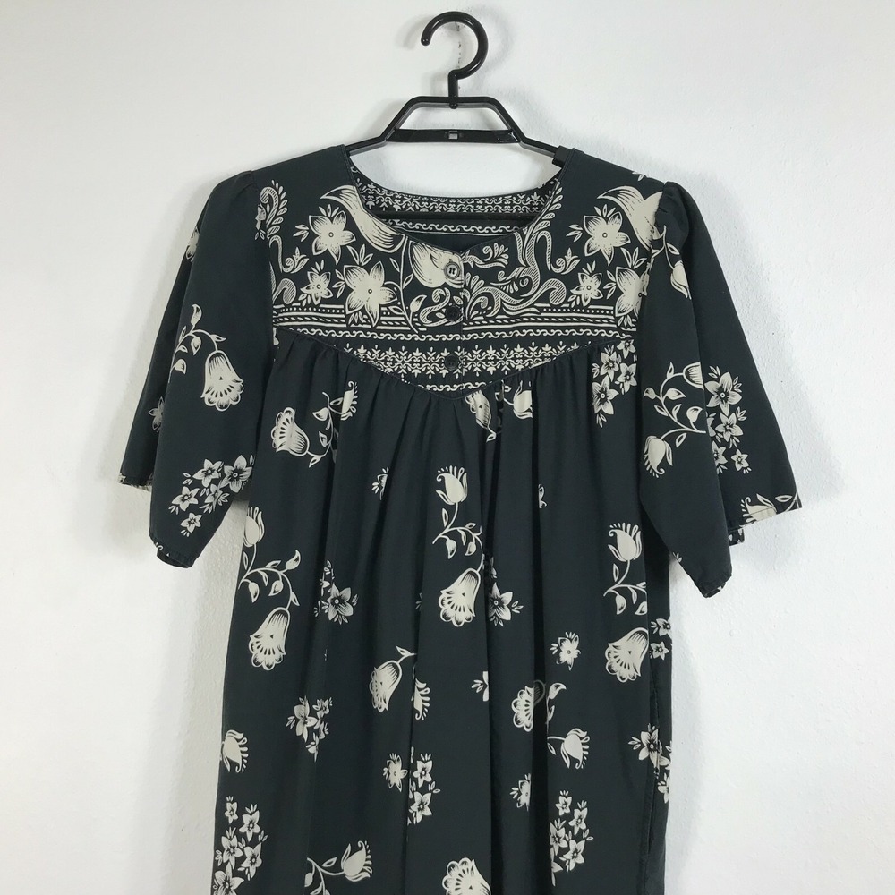 Vintage 90s Hawaiian House Dress Size‎ M Cotton Short Sleeve Womens Midi *Fading - Picture 2 of 7